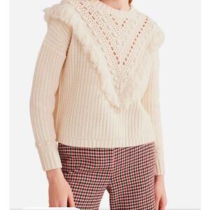 Boden Fringed Boho Chunky Knit Cream Wool Blend Sweater Medium NEW